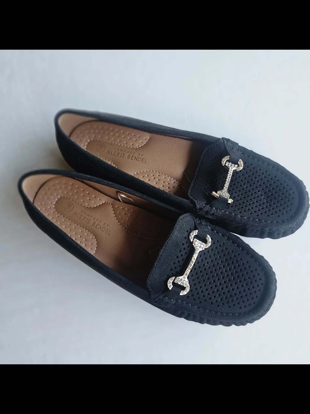 Alexis Black Perforated Suede Loafers with Gold Bit